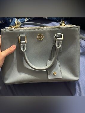 Tory Burch Light Gray Saffiano Leather Satchel with Gold Hardware